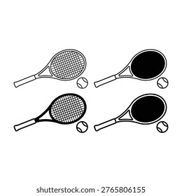 A comprehensive collection of tennis racket and ball icons showcasing four unique design styles. Perfect for sports equipment websites, athletic branding projects, tournament flyers and apps.
