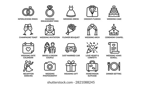 Comprehensive collection of thin line wedding icons perfect for event planning stationery and invitations. Featuring romantic imagery like engagement rings wedding dress tuxedos cake champagne toasts flowers church arch date calendar couple car and love heart confetti elements.
