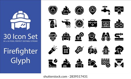 Comprehensive collection of thirty firefighting service icons featuring emergency response equipm...