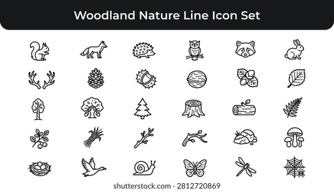A comprehensive collection of thirty outline icons representing woodland wildlife and forest nature, including a squirrel, fox, hedgehog, owl, raccoon, rabbit, antlers, pinecone, walnut, oak tree, pine tree, tree stump, log, fern, mushrooms, bird nest, flying goose, snail, butterfly, dragonfly, and spider web. Each icon uses a clean, minimal line style suitable for nature blogs, outdoor brand packaging, children's book illustrations, camping websites, and forest themed educational materials. The simple monochrome design ensures easy readability at small sizes and effortless customization for various wildlife and nature themed projects.