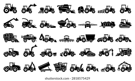 Comprehensive collection of thirty-five black silhouette icons representing agricultural machinery and farm vehicles including tractors, combine harvesters, sprayers, and plows on white.