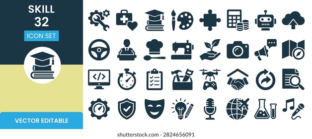 A comprehensive collection of thirty-two professional flat vector icons representing various educational skills, vocational training, academic subjects, and creative disciplines, presented in a clean, modern, and organized grid layout.