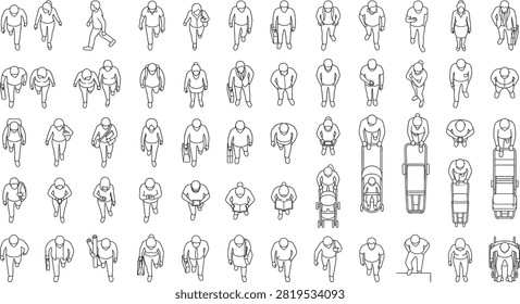 A comprehensive collection of top view people in outline style, featuring individuals walking, standing, and interacting with objects like strollers and luggage. These black and white line art figures are ideal for populating architectural floor plans, urban design layouts, and landscape diagrams.