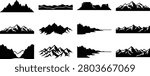 A comprehensive collection of twelve black mountain silhouettes featuring rocky peaks, snow-capped summits, and desert plateaus. These versatile vector shapes are ideal for creating professional logos, adventure-themed graphics, web headers, and outdoor apparel prints.
