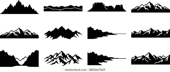 A comprehensive collection of twelve black mountain silhouettes featuring rocky peaks, snow-capped summits, and desert plateaus. These versatile vector shapes are ideal for creating professional logos, adventure-themed graphics, web headers, and outdoor apparel prints.
