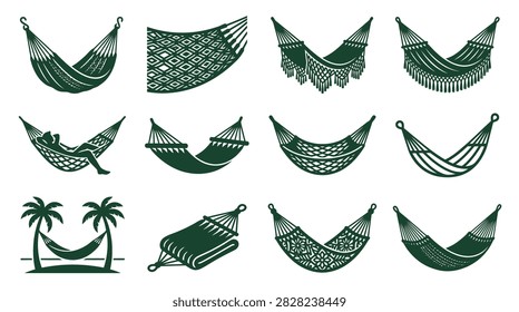 A comprehensive collection of twelve vector-style illustrations showcasing diverse hammock designs. This set includes traditional rope net hammocks, fringed bohemian styles, modern fabric swings, and a silhouette of a person lounging. Also features a tropical beach icon with a hammock tied between two palm trees, ideal for travel, vacation, outdoor living, and relaxation-themed graphic design projects.