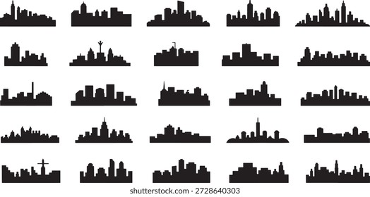 A comprehensive collection of twenty diverse city skyline silhouettes featuring prominent skyscrapers and buildings that represent the architectural styles and urban landscapes of major cities globally.
