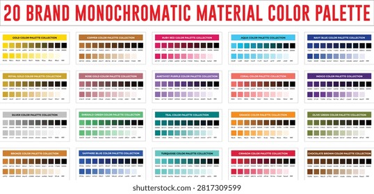 Comprehensive collection of twenty monochromatic color palettes with hex codes swatch