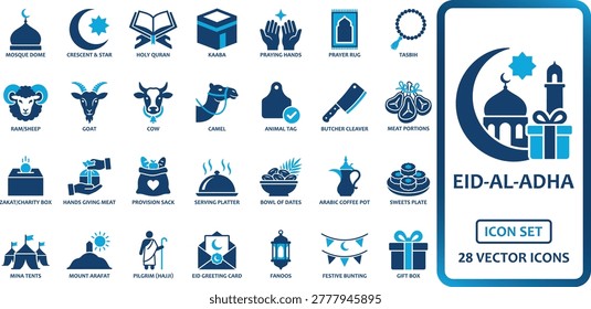 Comprehensive collection of twenty-eight Islamic religious icons. Includes sacrificial animals, mosque architecture, and traditional food items. Designed in navy and light blue tones. Ideal for social media posts, greeting cards, and religious educational presentations.