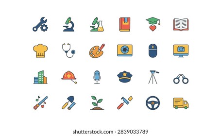 Comprehensive collection of twenty-four flat line icons representing different professions, jobs, tools, and careers.