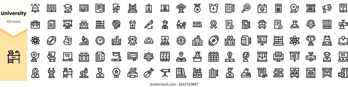 A comprehensive collection of university-related icons, featuring various symbols that represent education, learning, and student life, perfect for educational designs.