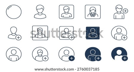 A comprehensive collection of user profile icons presented in various styles, including outline and solid fill, with some featuring a plus sign to indicate adding a new user or contact. These versatile avatars represent people and account management within digital interfaces.