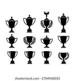 Una colección completa de varias siluetas de trofeos de premios presentadas como iconos vectoriales. Ideal para temas de victoria, éxito, logro, competencia y reconocimiento.