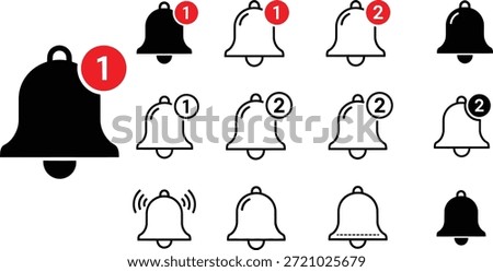 A comprehensive collection of various bell icons, featuring both solid black and outline styles, many adorned with red notification badges displaying numbers '1' or '2', designed to represent alerts, messages, and incoming activity in digital user interfaces.