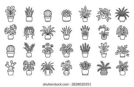 A comprehensive collection of various indoor potted plant line icons in editable stroke, perfect for modern interior design projects, botanical web graphics, and minimalist home decor branding assets.