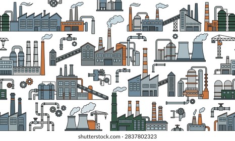 A comprehensive collection of various industrial architectures organized in a seamless repeating pattern. Includes chemical plants, power stations, oil refineries, and warehouses featuring architectural details like sawtooth roofs, conveyor systems, cooling towers, and intricate piping networks. The color palette consists of industrial grays, muted blues, and safety oranges on a white background.