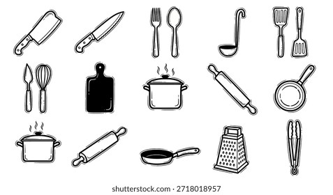A comprehensive collection of various kitchen utensils and cooking equipment, depicted in a clean, black and white outline style, suitable for culinary themes and food preparation.