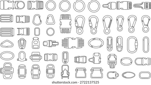 Uma coleção abrangente de várias ilustrações de contorno representando diferentes tipos de fivelas, fechos, anéis e mosquetões comumente usados para correias, sacos e equipamentos ao ar livre em um estilo de arte de linha limpa.
