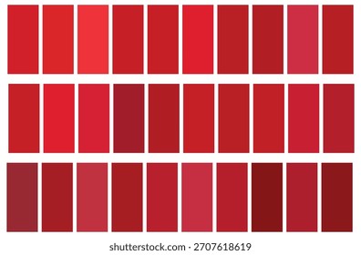 A comprehensive collection of various red color shades and tones, presented in a grid of rectangular swatches, perfect for design, art, and creative projects