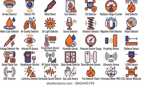 A comprehensive collection of various sensor and detector icons representing industrial, safety, and environmental monitoring technology.