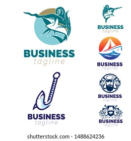 A comprehensive collection of vector logo templates featuring fishing and maritime themes. This set includes dynamic marlin fish silhouettes, modern sailing boat icons, creative fish hook emblems, and a rugged fisherman mascot. Perfect for fishing charters, seafood restaurants, marine equipment shops, nautical apparel brands, boat rentals, and coastal tourism identities.