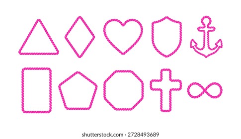 Una colección completa de bordes de cuerda rosa vibrante y marcos hechos a mano en Formas simbólicas y geométricas. Este conjunto incluye formas icónicas como un símbolo de corazón, ancla, cruz e infinito, junto con polígonos clásicos para un uso decorativo versátil. Estos Elementos gráficos son ideales para temáticas náuticas, papelería nupcial, o proyectos creativos de branding.