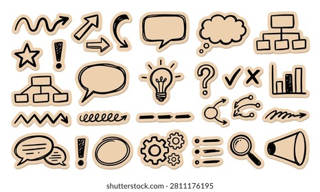 Comprehensive collection of visualization symbols including flowcharts and bar graphs with checkmarks and magnifying glass. Brainstorming elements like thought clouds and exclamation points for professional communication. Useful toolkit for data analysis and team strategy.