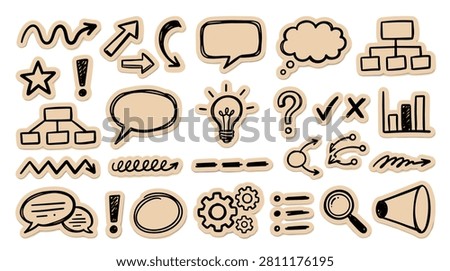 Comprehensive collection of visualization symbols including flowcharts and bar graphs with checkmarks and magnifying glass. Brainstorming elements like thought clouds and exclamation points for professional communication. Useful toolkit for data analysis and team strategy.