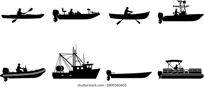 A comprehensive collection of watercraft silhouettes featuring recreational fishing boats, kayaks, rowboats, and commercial vessels. These versatile vector icons are perfect for nautical branding, outdoor activity websites, and marine-themed graphic projects.
