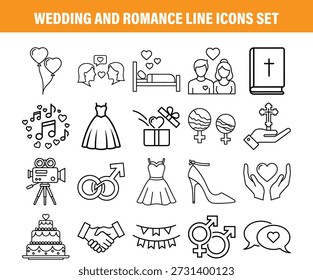 Uma coleção abrangente de casamento e romance com tema de ícones de linha definir Vetor