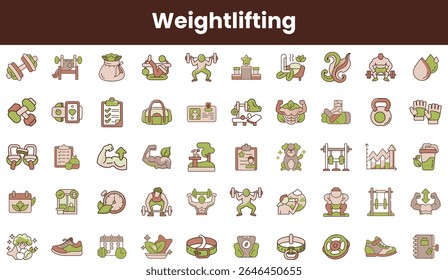 Uma coleção abrangente de ícones de levantamento de peso com diversos equipamentos e exercícios, ilustrando conceitos de fitness com um design moderno e limpo.