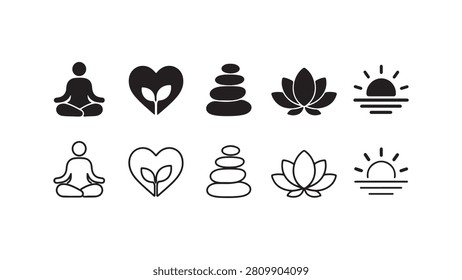 A comprehensive collection of wellness and mindfulness icons in both solid black silhouette and minimalist linear outline styles, isolated on a white background for versatile design projects.