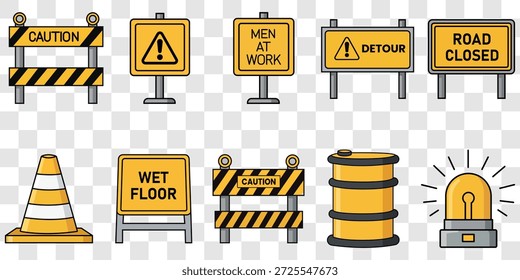 Uma coleção abrangente de ícones amarelos de construção com sinais de trânsito fechado, cones de trânsito, barreiras e avisos de segurança. Este conjunto de vetores planos é ideal para projetos relacionados à segurança industrial, manutenção de estradas e conscientização sobre riscos