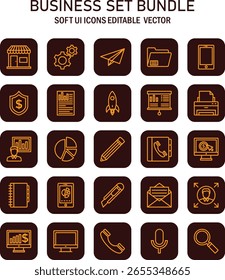 Compilación completa de iconos versátiles de interfaz temática de negocios para plataformas digitales que muestran