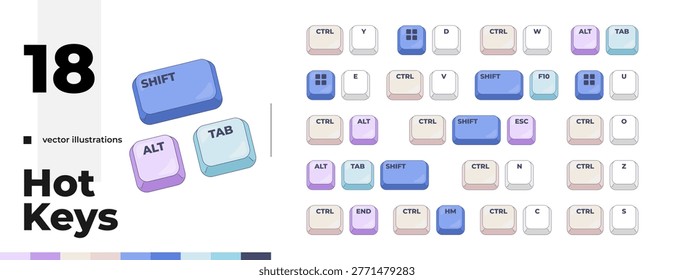 Comprehensive computer keyboard shortcut pack. Typing commands. Key functions. System control. Hotkey combo buttons collection for pc and laptop. Fast software efficiency. Flat vector illustration