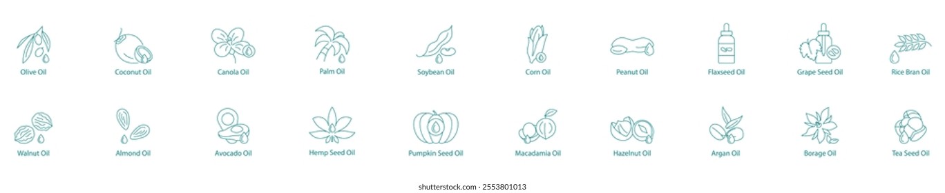 Comprehensive Cooking and Health Oils Vector Icon Set: Olive, Coconut, Canola, Palm, Soybean, Corn, Peanut, Flaxseed, Grape Seed, Rice Bran, Walnut, Almond, Avocado, Hemp, Pumpkin, Macadamia, Hazelnut