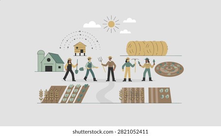 Comprehensive countryside agriculture scene featuring farmers working on crops near a barn, beehive, and round hay bale.
