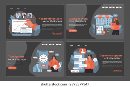 Comprehensive customer retention suite showcasing net promoter score evaluation, churn rate analysis, strategic touchpoint mapping, and customer support scenarios. Flat vector illustration.