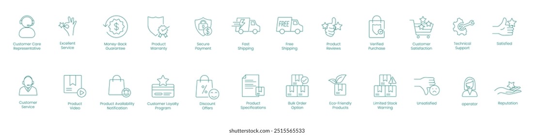 Comprehensive Customer Service and E-Commerce Vector Icons Featuring Care Representative, Secure Payment, and Product Warranty