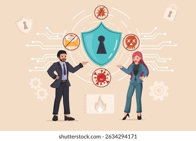 Estrategia integral de ciberseguridad para empresas: Profesionales que presentan un escudo contra virus, malware, correos electrónicos fraudulentos y amenazas en línea.