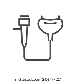 Icono de examen completo de cistoscopia. Ilustración lineal de un cistoscopio y una vejiga, que representa el proceso diagnóstico en urología para la inspección de la vejiga y las vías urinarias. Signo aislado.