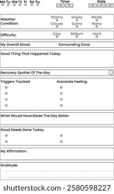 A comprehensive daily journal template designed to track recovery progress, emotions, triggers, affirmations, and gratitude. Ideal for fostering personal growth during sobriety.