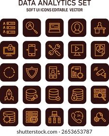 A análise de dados abrangente define a coleção de ícones simbolizando a era da transformação digital usando o design de interface de usuário flexível