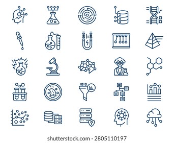 A comprehensive data science outline collection is displayed on a clean white background. The collection features twenty-five distinct elements with consistent dark blue lines and no color fills. Concept of modern laboratory bioengineering statistics, digital server information analysis, and scientific computing technology