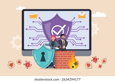 Comprehensive Data Security and Digital Protection: Business Professionals Guarding Information and Email with a Firewall and Cyber Shield.