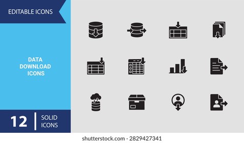 A comprehensive data transfer and download icon set in solid style built for network connectivity file sharing systems and digital storage applications