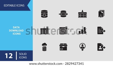 A comprehensive data transfer and download icon set in solid style built for network connectivity file sharing systems and digital storage applications