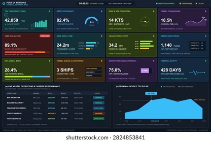 A comprehensive data visualization interface displaying real-time shipping analytics, vessel performance, and terminal logistics metrics.