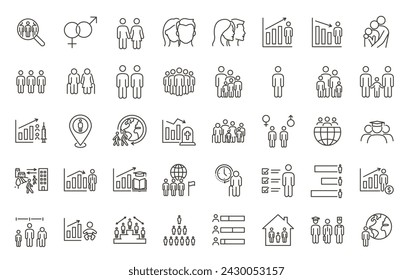 Comprehensive Demographic and Social Trends Icon Set: 40 Thin Line Vector Icons for Population Analysis, Mortality, Longevity, Education, Employment, Gender Diversity, Family Dynamics, and Migration. 