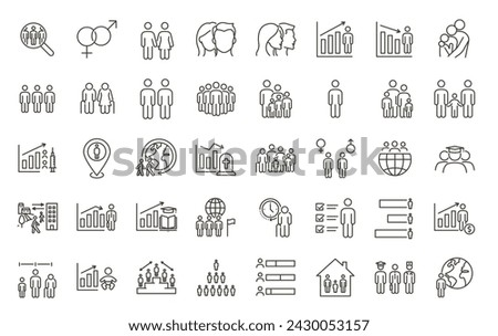 Comprehensive Demographic and Social Trends Icon Set: 40 Thin Line Vector Icons for Population Analysis, Mortality, Longevity, Education, Employment, Gender Diversity, Family Dynamics, and Migration. 